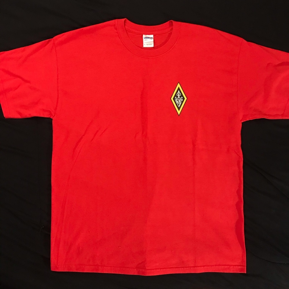 red graphic tee